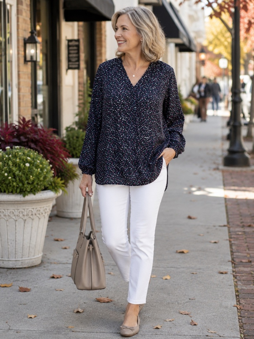 Jason Wu Blouse 3X Navy Blue Polka Dot V Neck Long Sleeve Top